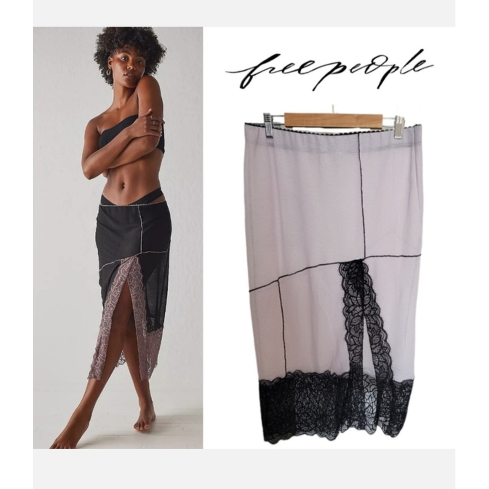 Free People Intimately Into You Pink Black Lace Trim Midi Skirt Size Small